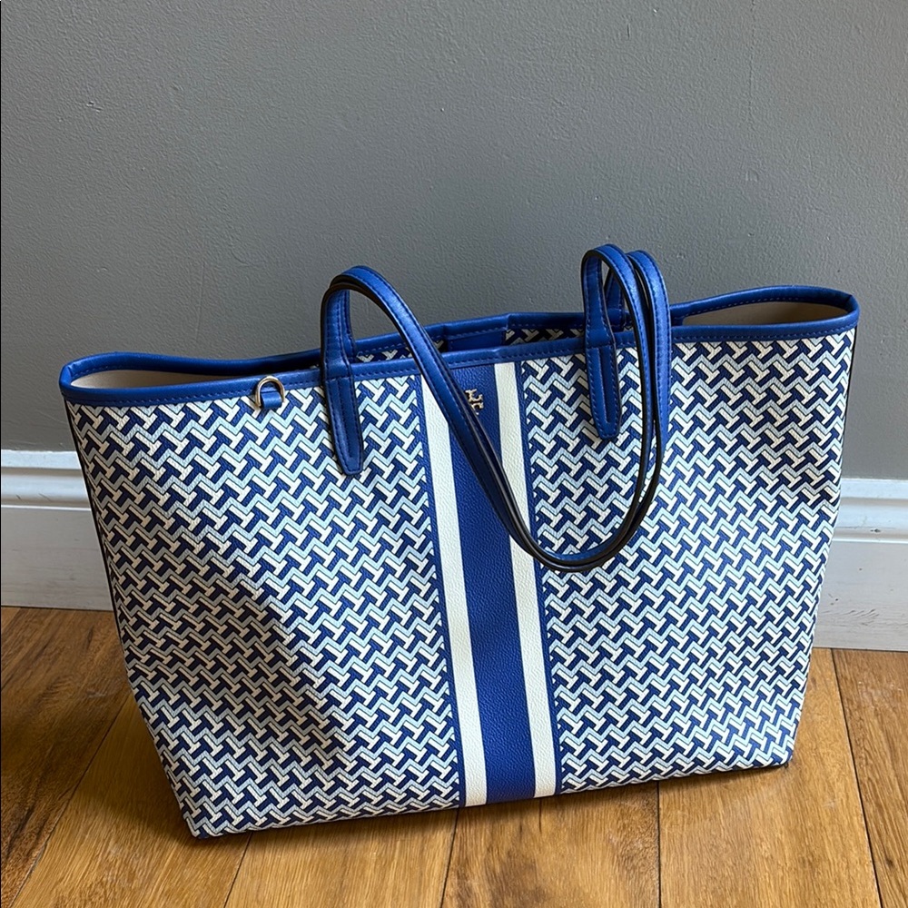 TORY BURCH T Zag Tote Shopper Blue Yonder T Logo Coated Canvas